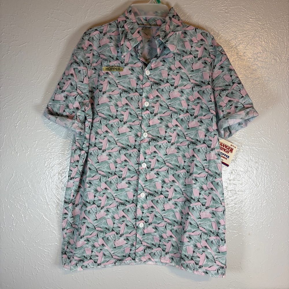 Stranger Things Hopper Rubie's Pink and Mint Green Men's Button-Up Shirt NWT